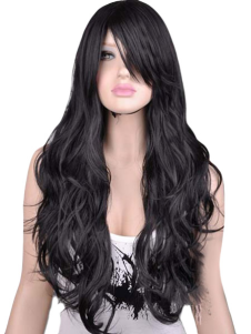 Perruque longue noire ébouriffée de boucles volumineuses