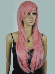 Perruque féminine longue rose ébouriffée de boucles frisées et raie de côté