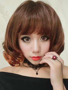 Perruque moyen Longueur épaule brun foncé contondant frange féminine