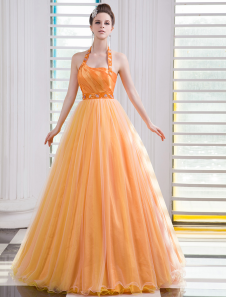 Robe exquise de soirée orange A-ligne en tulle avec perles à licou longueur plancher