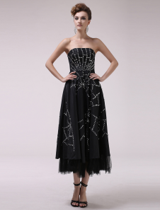 Robe de cocktail noire A-ligne en taffetas encolure bustier avec perles longueur mollet