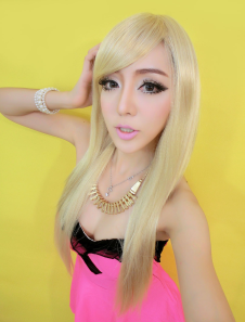 Perruque longue droite dorée claire avec frange oblique