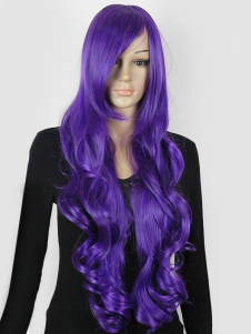 Perruque longue violette ébouriffée de boucles volumineuses