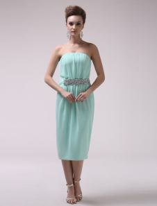 Robe élégante de cocktail fourreau en chiffon encolure bustier avec perles longueur mollet