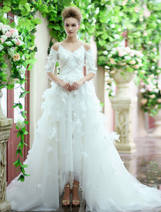 Chic robe mariage A-ligne en tulle avec dentelle à fines bretelles coupe asymétrique