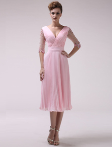 Robe sublimée de cocktail rose A-ligne en chiffon col V avec strass longueur mollet