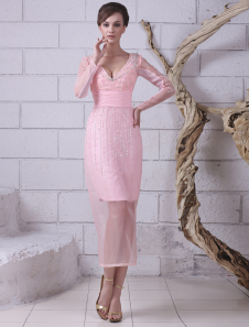 Robe élégante de cocktail rose fourreau en organza col V avec perles longueur mollet