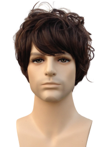 Perruque courte de brun foncé synthétique bouclés bel homme