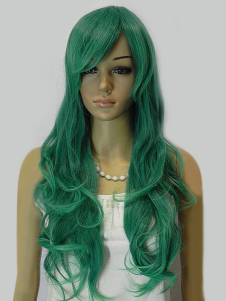 Perruque longue verte foncée de boucles volumineuses et frange oblique