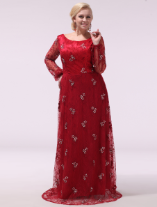 Robe fascinante de soirée bordeaux A-ligne en dentelle avec perles col rond traîne courte