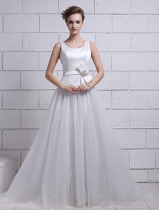 Robe mariée magnifique A-ligne en tulle avec strass encolure dégagée à traîne