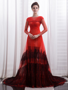 Robe charmante de soirée A-ligne en tulle avec dentelle col rond traîne chapelle