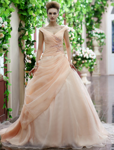 Robe de mariée fabuleuse boule en organza et plissement col V traîne courte