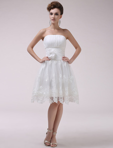 Robe de mariage de réception exquise A-ligne en dentelle avec fleur bustier longueur genou