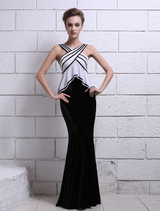 Robe merveilleuse de soirée noire sirène en velours col V longueur plancher