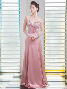 Robe exquise de soirée fourreau en satin stretch avec perles col V