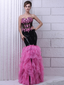 Robe de soirée noire sirène avec paillettes et applique encolure en coeur longueur plancher