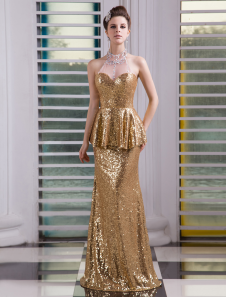 Robe de soirée sirène avec paillettes d'or et péplum
