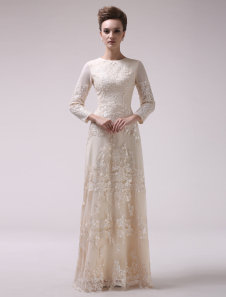 Robe de soirée A-ligne en dentelle champagne avec dentelle