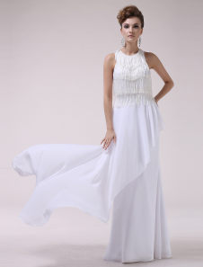 Robe de soirée A-ligne en chiffon blanc frangé à col rond
