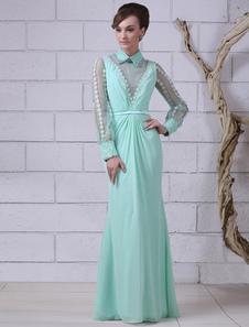 Robe de soirée verte menthe avec dentelle à col montant