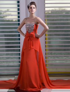 Robe fascinante de soirée orange foncée A-ligne bustier avec noeud traîne chapelle