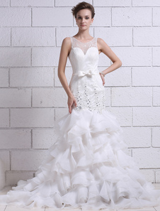 Robe de mariée gracieuse sirène en organza avec dentelle encolure dégagée à traîne