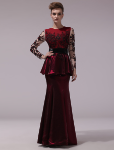 Robe exquise de soirée bordeaux sirène col rond avec perles longueur plancher