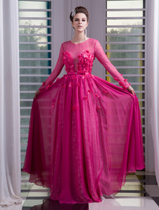 Robe de soirée belle fuchsia A-ligne en dentelle avec perles col rond longueur plancher