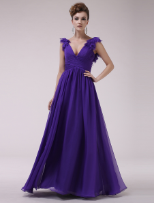 Robe fascinante de soirée violet bleuâtre A-ligne en chiffon plissé col V longueur plancher
