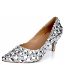 Escarpins à petits talons en peau de mouton argent avec strass