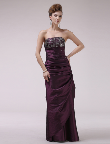 Robe de soirée belle pourpre fourreau plissée encolure bustier longueur plancher