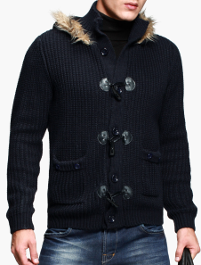 Cardigan mode homme rétro en coton avec fausse fourrure et poches devant