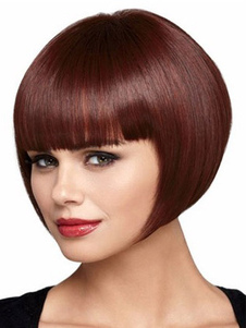 Perruque courte bordeaux en fibre avec frange droite