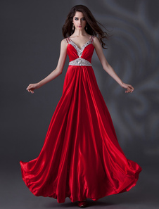 Robe de soirée A-ligne en satin de soie stretch rouge avec strass