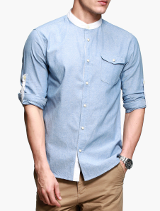 Chemise coréenne en coton bleu de manche longue de col blanc montant