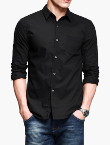 Chemise en coton noir unicolore avec poche poitrine