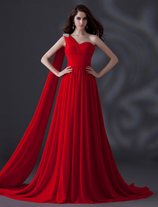 Red One-épaule strass dentelle robe de soirée en mousseline de soie