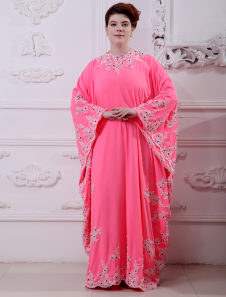 Robe de soirée en chiffon rose avec perles longueur plancher