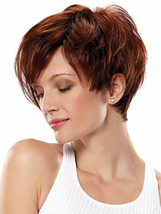 Perruque femme courte droite brune acajou ébouriffée en fibre