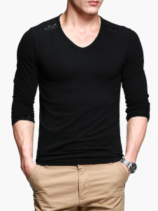 T-shirt en coton unicolore en PU à col V manches longues