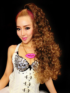 Brun Long Kanekalon Volume complet boucles queue de cheval