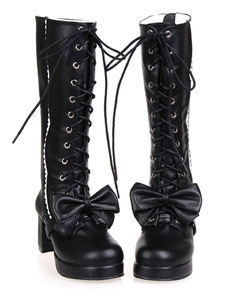 Bottes de lolita noires avec noeud plate-forme