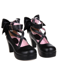 PU noir mat Lolita talons chaussures Square talons cheville sangles Boucles bout rond