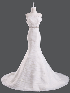 Robe de mariée gracieuse sirène en organza avec perles col dentelé traîne courte
