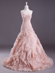 Robe mariage A-ligne en organza rose multicouche à traîne