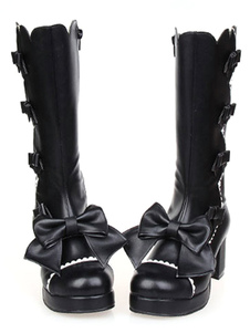Bow noir simili cuir ronde Toe plate-forme Lolita bottes