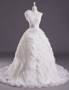 Robe de mariée gracieuse boule en organza avec fleur à une épaule traîne courte