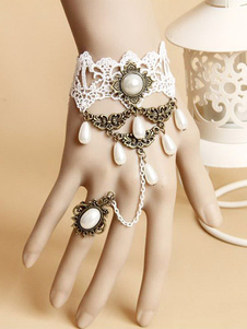 Bracelet de lolita blanc à tricoter avec perles et anneau