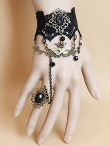 Bracelet de lolita noir à tricoter avec perles et anneau